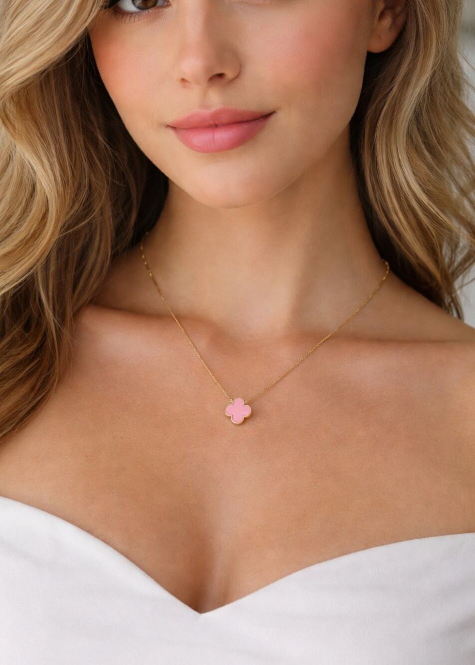 18K Gold Plated Stainless Steel Pink Clover Necklace New